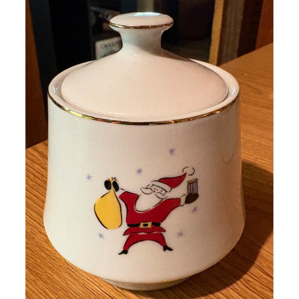 VTG Merry Brite Santa Covered Candy, Trinket, Sugar‎ Dish Discontinued Gold Trim